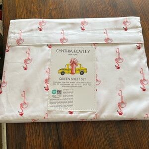 Cynthia Rowley White Sheet Set with Pink Flamingo Motif